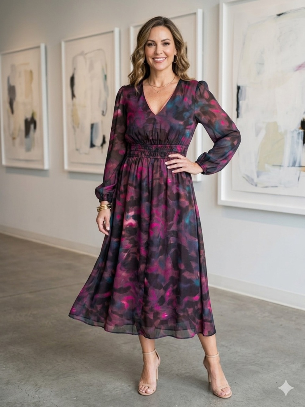 sofia by sofia vergara Plum Multi V-Neck long sleeve‎ Midi Dress medium